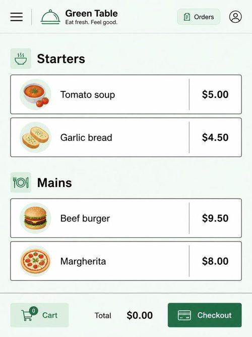 The recognised menu on a digital till screen with Starters and Mains items and prices